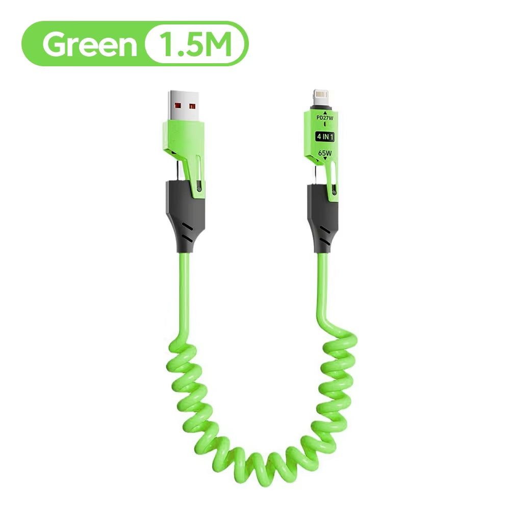 65W 6A Spring Coiled USB-C Cable 4-In-1 Fast Charging for Iphone 16 15 14 13 12 Pro Max Samsung Multi-Device Durable Cord