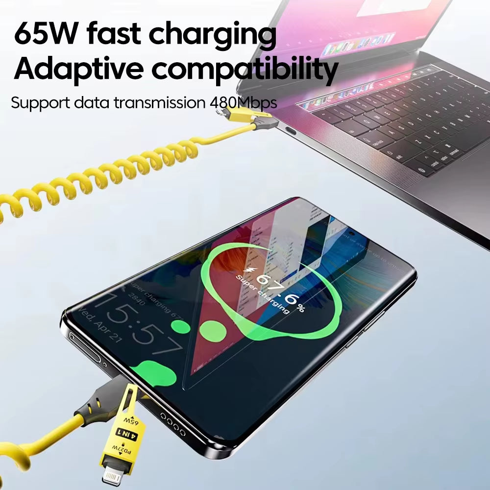 65W 6A Spring Coiled USB-C Cable 4-In-1 Fast Charging for Iphone 16 15 14 13 12 Pro Max Samsung Multi-Device Durable Cord