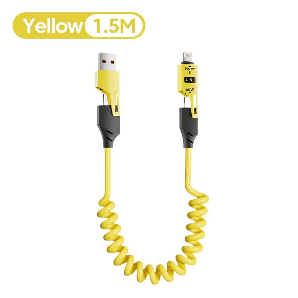 65W 6A Spring Coiled USB-C Cable 4-In-1 Fast Charging for Iphone 16 15 14 13 12 Pro Max Samsung Multi-Device Durable Cord