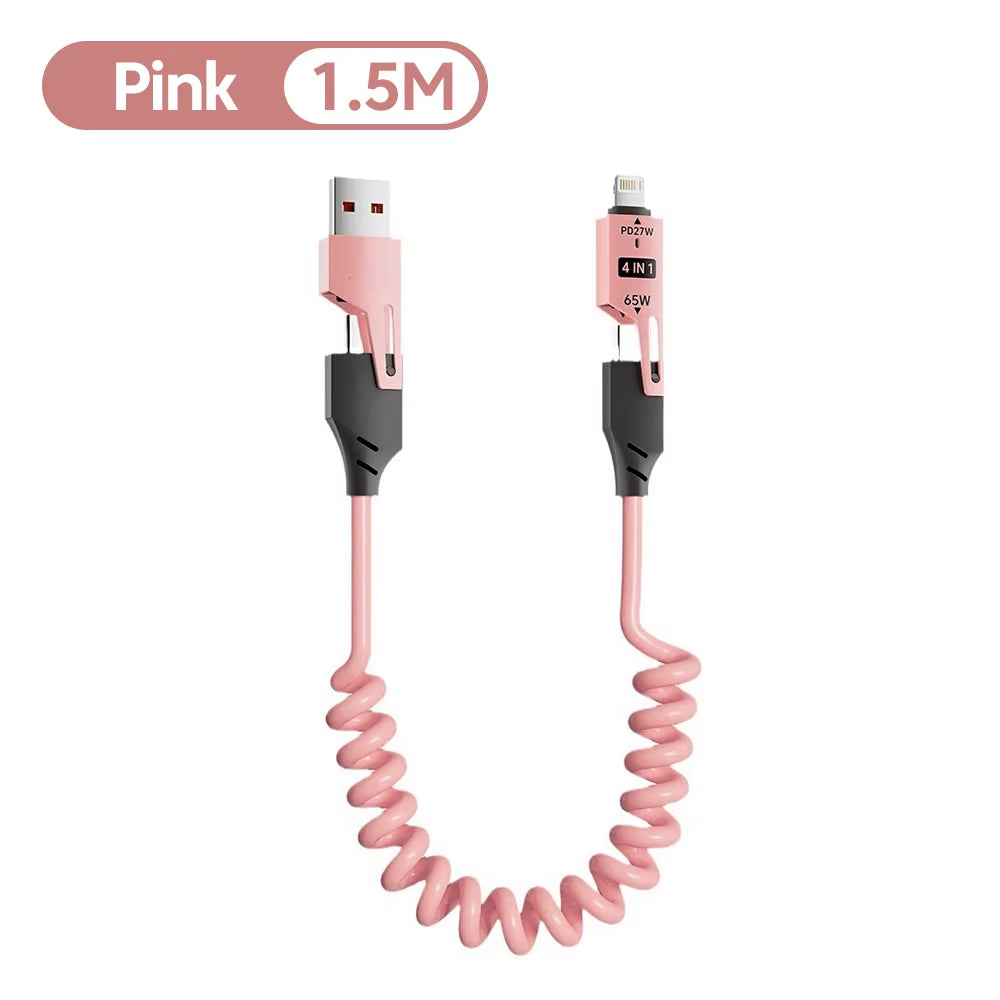65W 6A Spring Coiled USB-C Cable 4-In-1 Fast Charging for Iphone 16 15 14 13 12 Pro Max Samsung Multi-Device Durable Cord