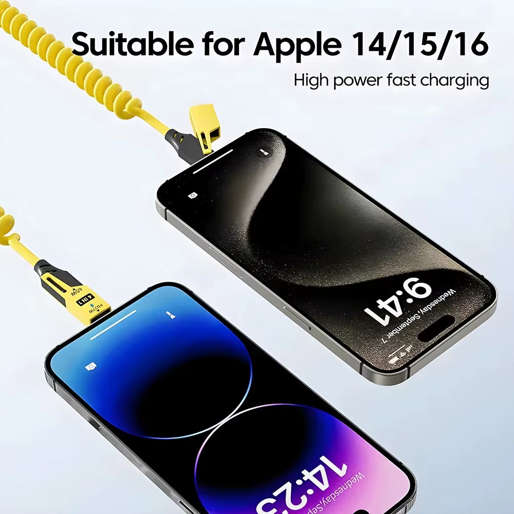 65W 6A Spring Coiled USB-C Cable 4-In-1 Fast Charging for Iphone 16 15 14 13 12 Pro Max Samsung Multi-Device Durable Cord